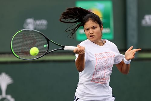 Emma Raducanu during a practice session at the BNP Paribas Open