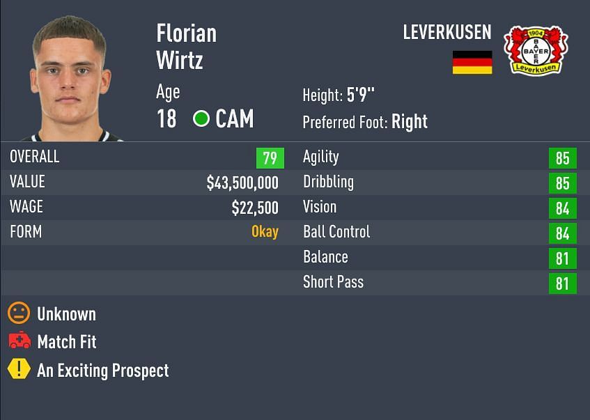 Wirtz has a base rating of 78 in FIFA 22 (Image via Sportskeeda)