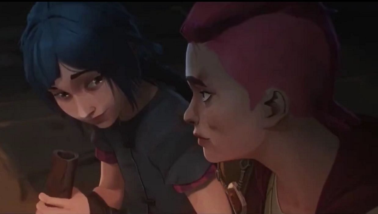 Vi and Jinx as seen in Arcane. During their youth in Arcane, they go by Violet and Powder. (Image via Netflix)