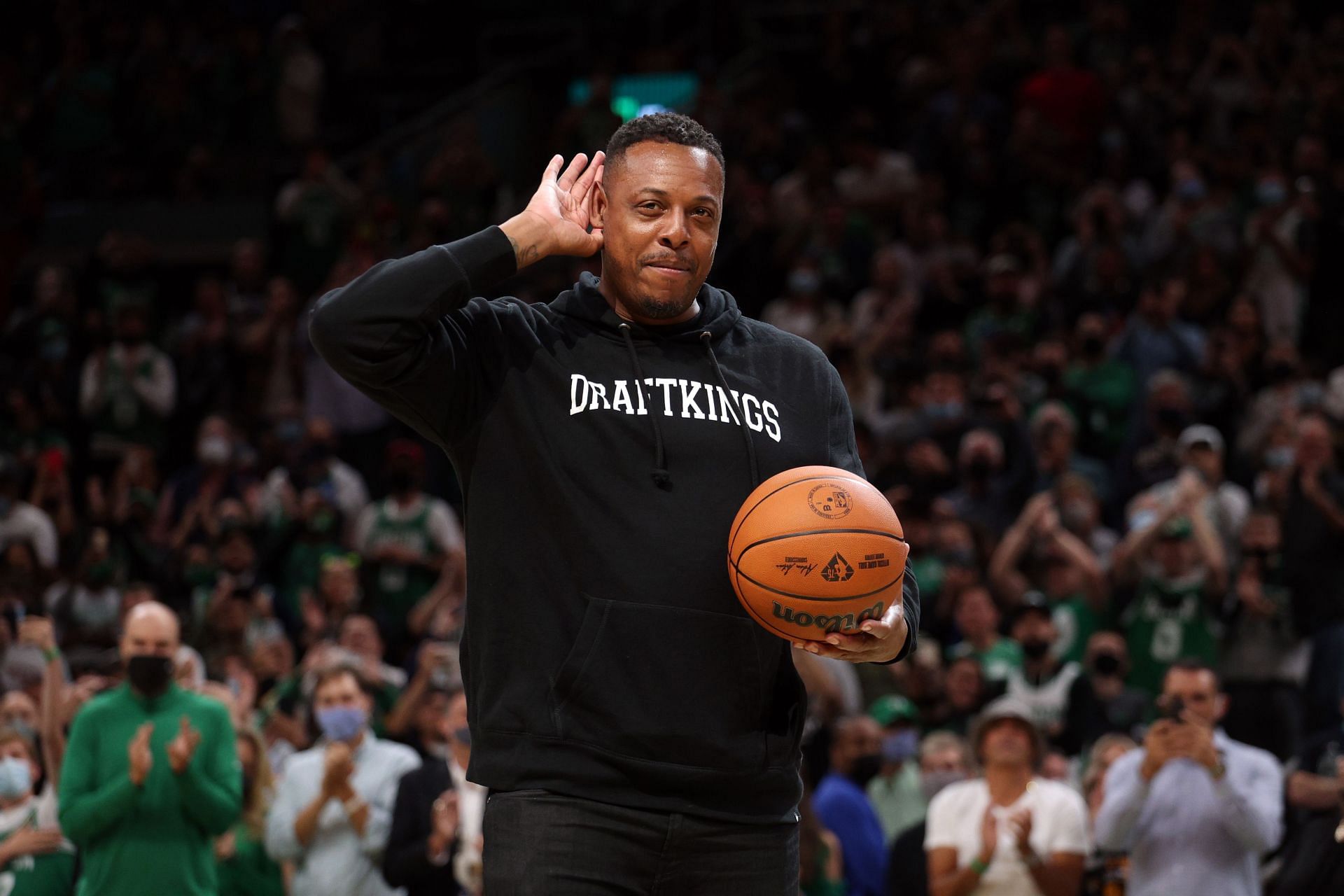 Former member of the Boston Celtics Paul Pierce is introduced before the Celtics home opener at TD Garden
