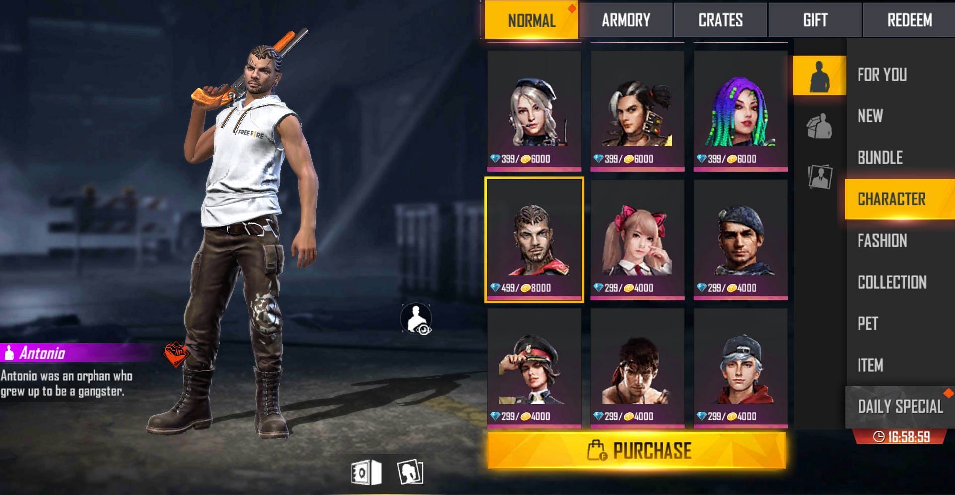 Antonio can be bought for 8000 gold at the moment (Image via Free Fire)