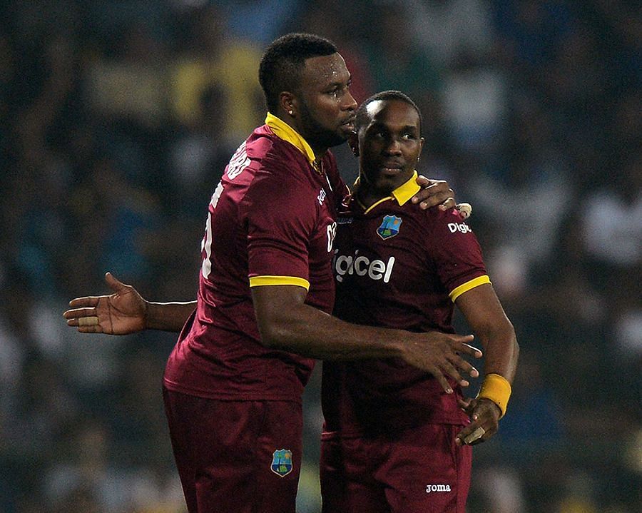 Kieron Pollard bids adieu to legendary all-rounder Dwayne Bravo (Credit: AFP).