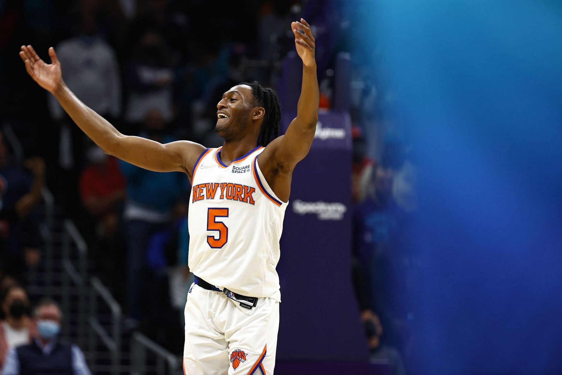 Immanuel Quickley of the New York Knicks celebrates after a shot.