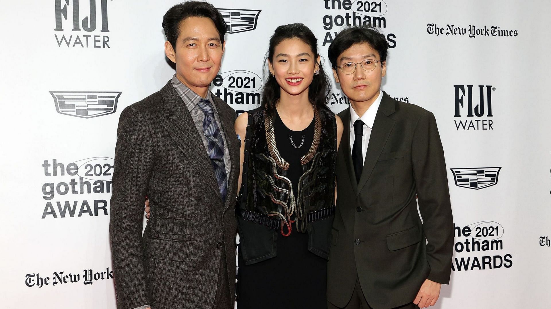 Squid Game was represented by Lee Jung Jae (left), Jung Ho Yeon (Center), and Hwang Dong Hyuk (right). (Image via IndiaWire)