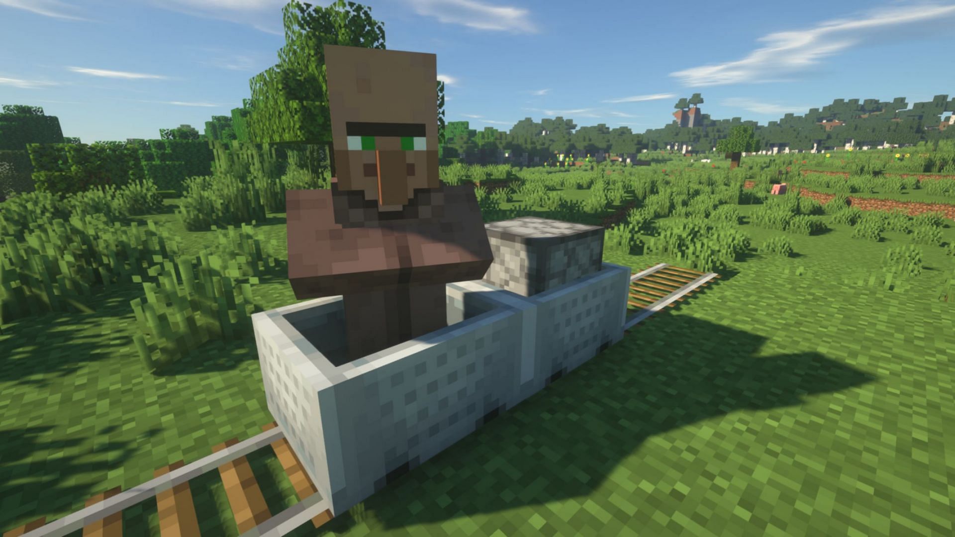 A villager in a minecart prepared in front of a furnace minecart (Image via Mojang)