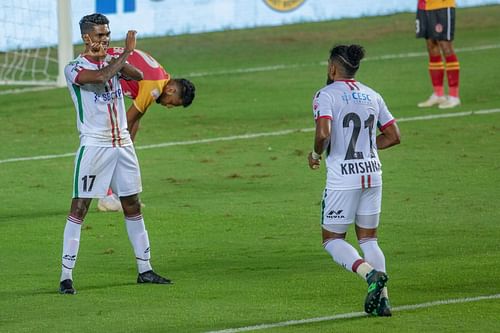 Liston Colaco (left) and Roy Krishna celebrate during ATK Mohun Bagan's victory over SC East Bengal in the Indian Super League.