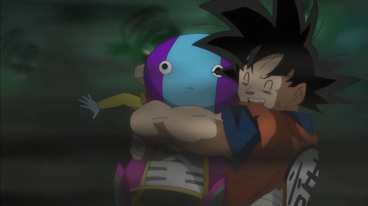 Goku hugging Future Zeno upon first meeting him, as seen in the Dragon Ball Super anime&#039;s Future Trunks arc (Image via Toei Animation)