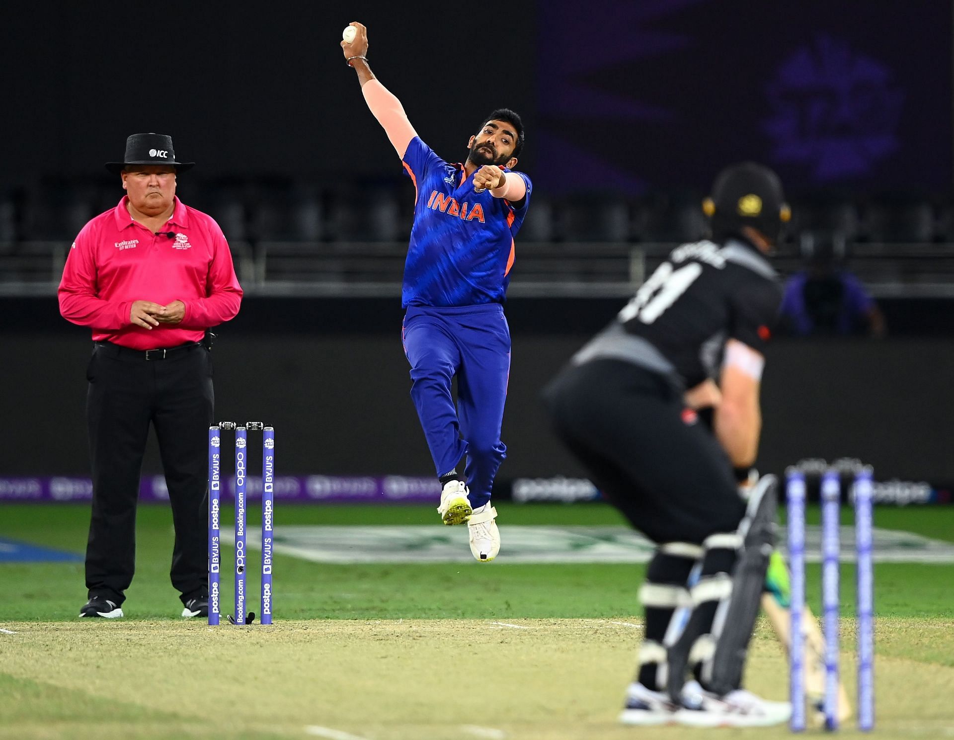 Jasprit Bumrah is the only Indian to have taken a wicket in the T20 World Cup 2021 so far. Pic: Getty Images