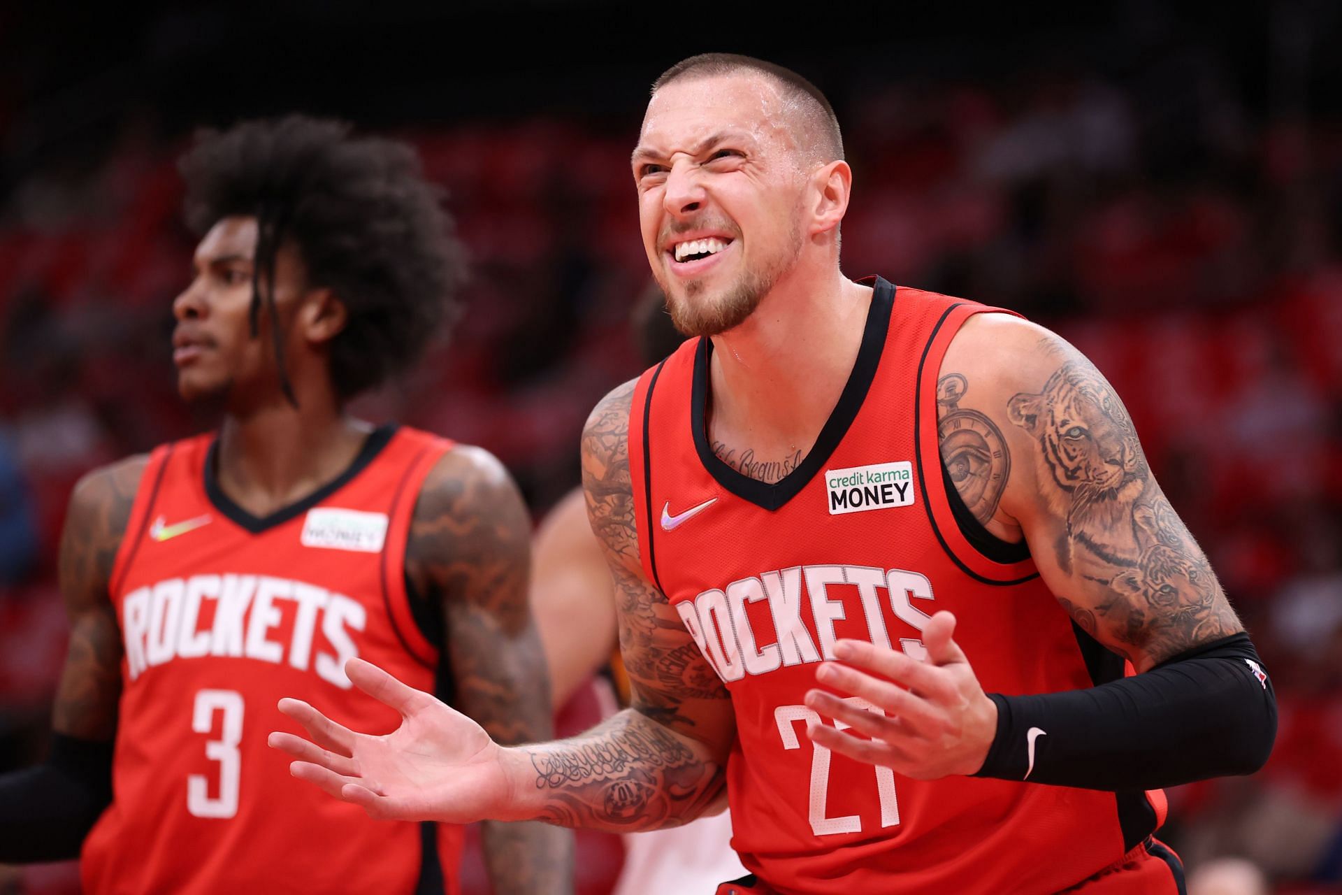 Houston Rockets' players react to a call in game.