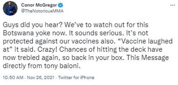 Conor McGregor&#039;s tweet before he deleted it from Twitter.