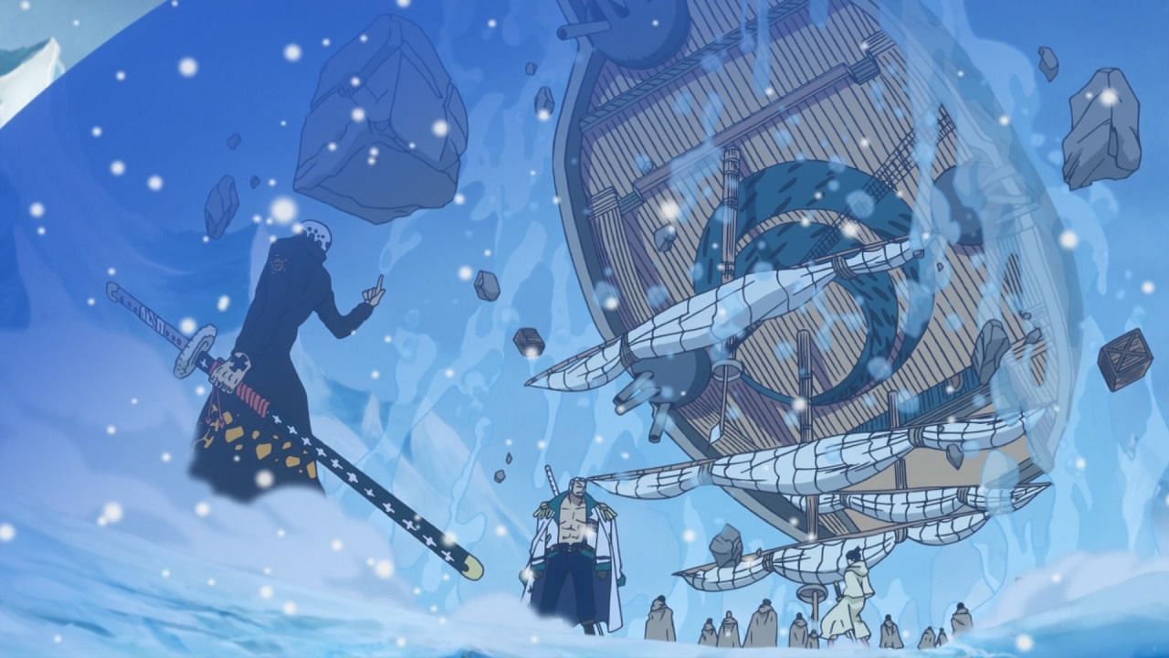 Trafalgar Law manipulates a Marine ship inside his Room, as seen in the One Piece anime&#039;s Punk Hazard arc. (Image via Toei Animation)