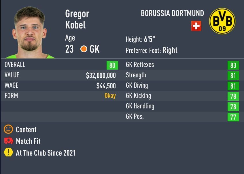 Kobel&#039;s base card in FIFA 22 is rated 79 (Image via Sportskeeda)