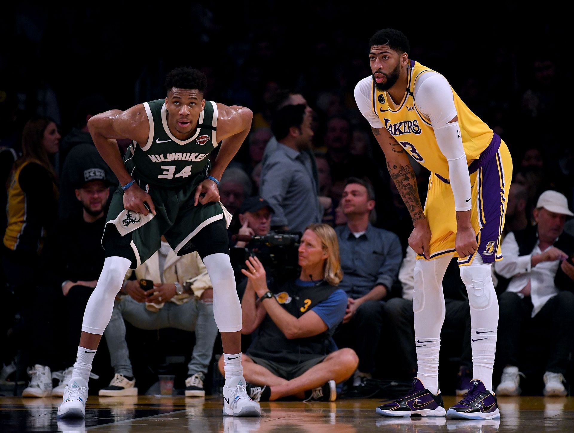 Giannis Antetokounmpo (L) and Anthony Davis during Milwaukee Bucks v Los Angeles Lakers