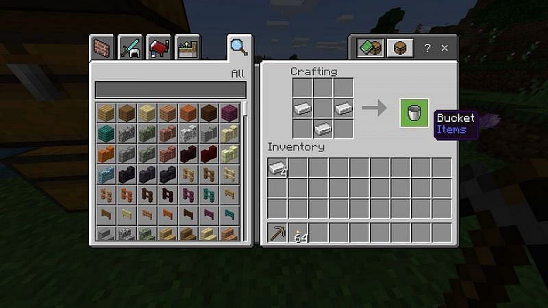 The crafting recipe for a bucket is simple: just three iron ingots will do the trick. Image via Minecraft
