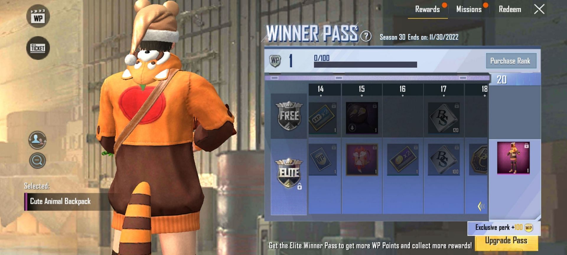 A backpack skin is the reward at level 15 (Image via PUBG Mobile Lite)