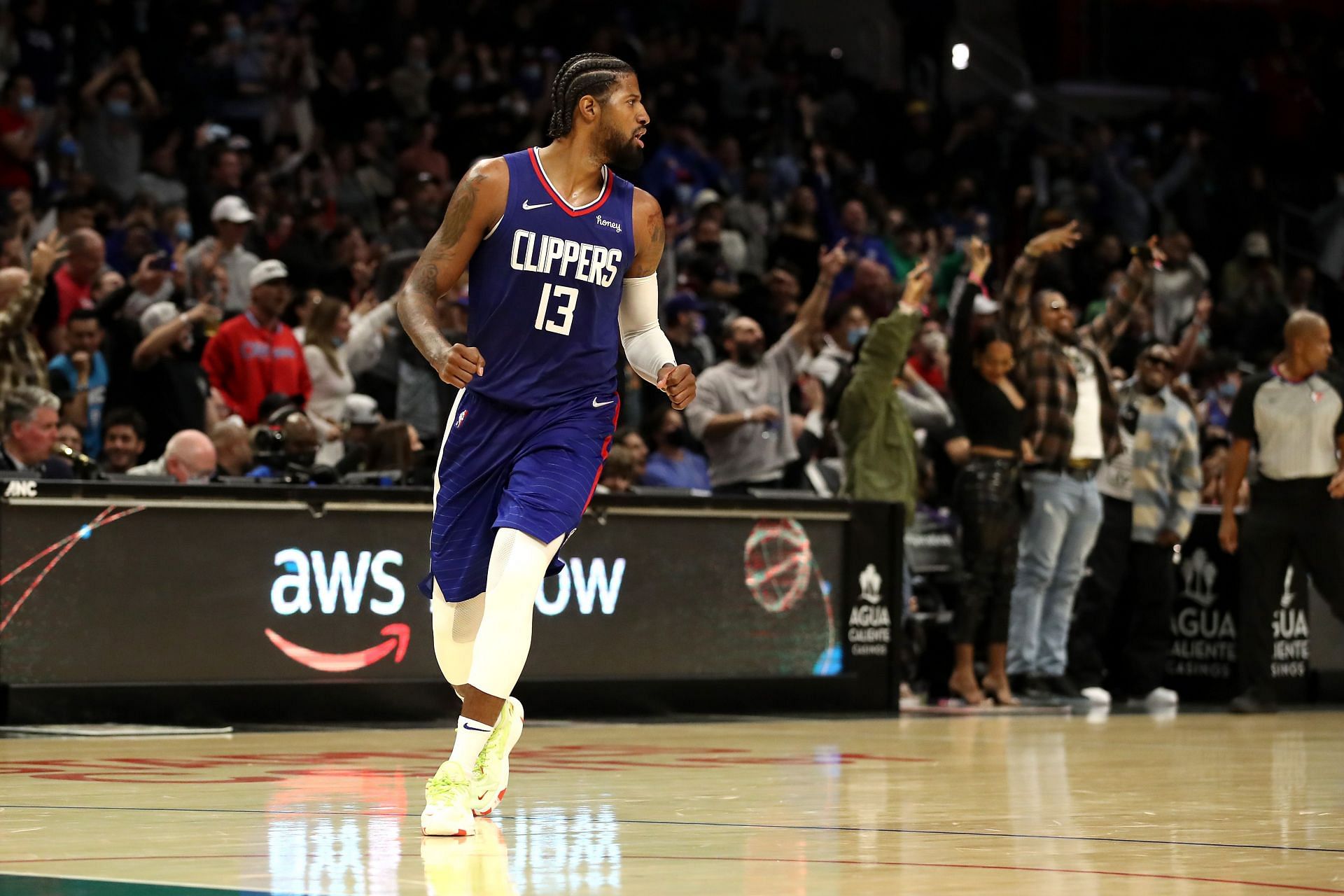 Paul George #13 of the Los Angeles Clippers reacts after a play during the fourth quarter against the Oklahoma City Thunder at Staples Center on November 01, 2021 in Los Angeles, California.