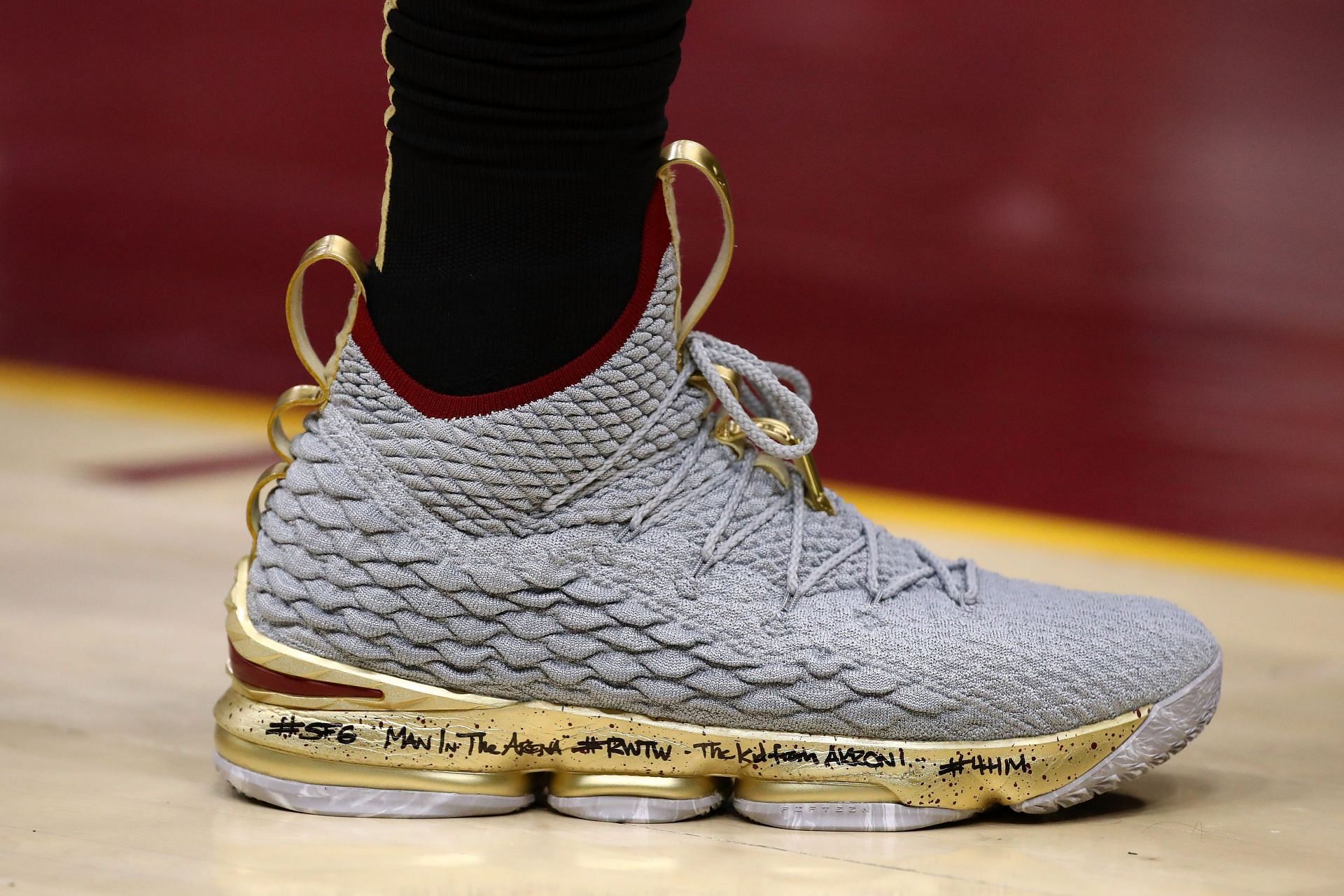 A detail of LeBron James #23 of the Cleveland Cavaliers Nike Lebron 15&#039;s during Game Three of the 2018 NBA Finals