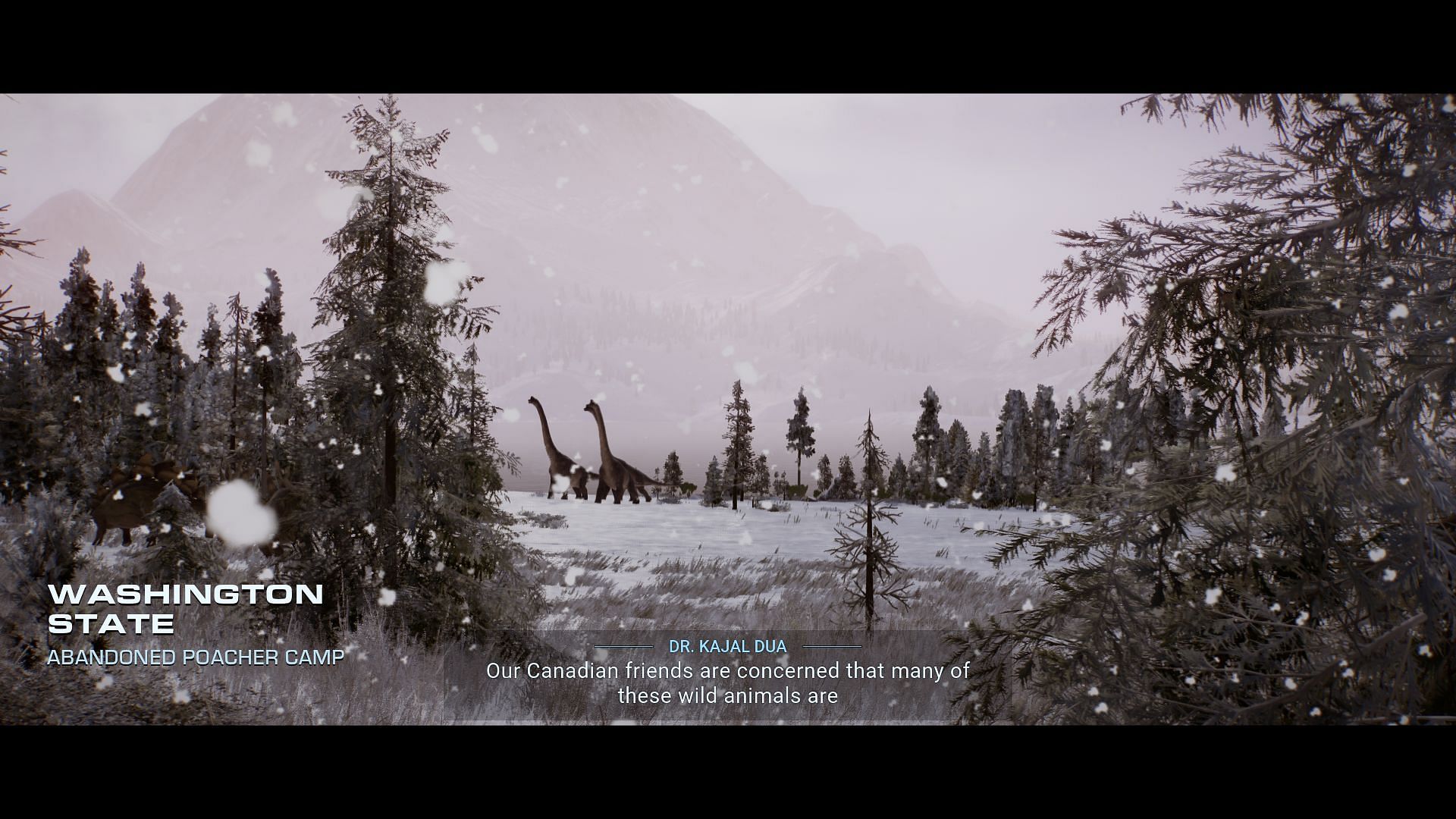 Dinosaurs in the snow (Image via Jurassic World Evolution 2)