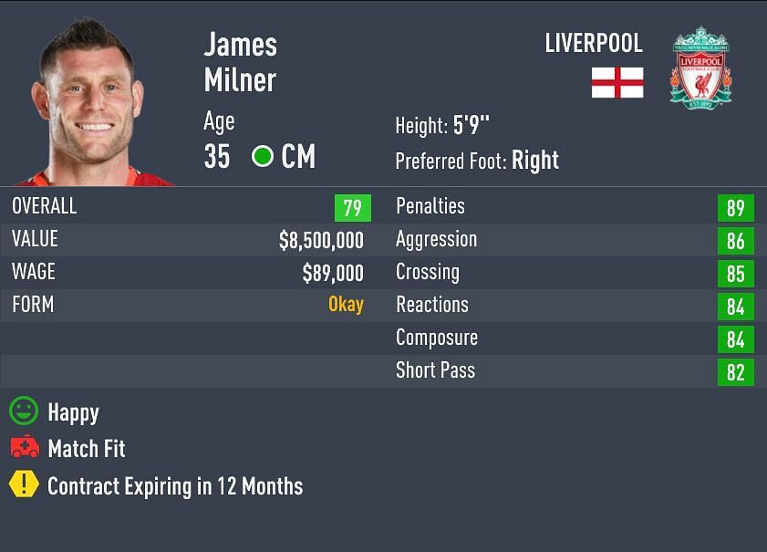 Milner&#039;s ratings dropped by 1 in FIFA 22 (Image via Sportskeeda)