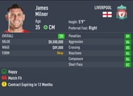 Milner's ratings dropped by 1 in FIFA 22 (Image via Sportskeeda)