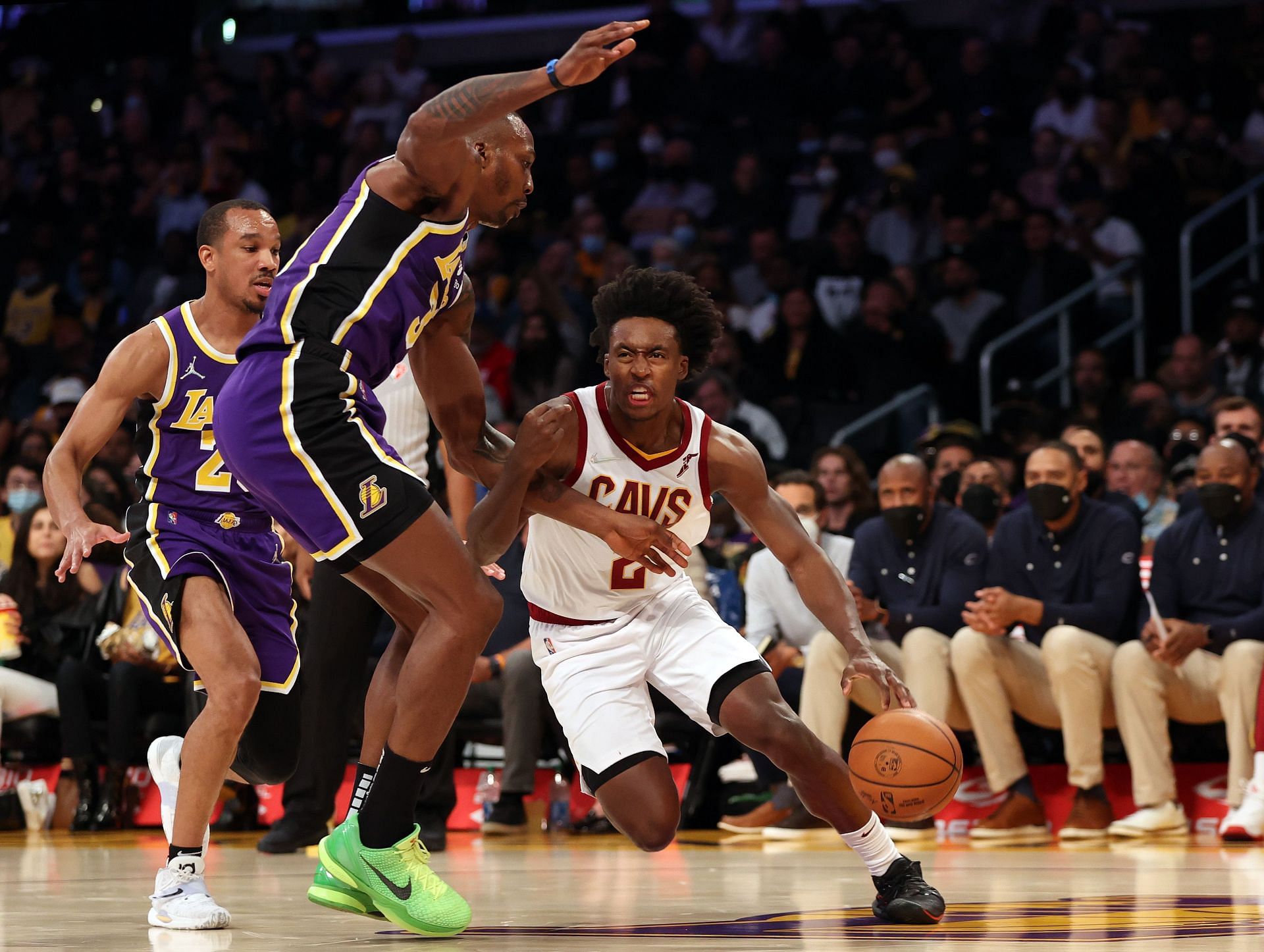 Cleveland Cavaliers&#039; Collin Sexton (right) in action against the Los Angeles Lakers.