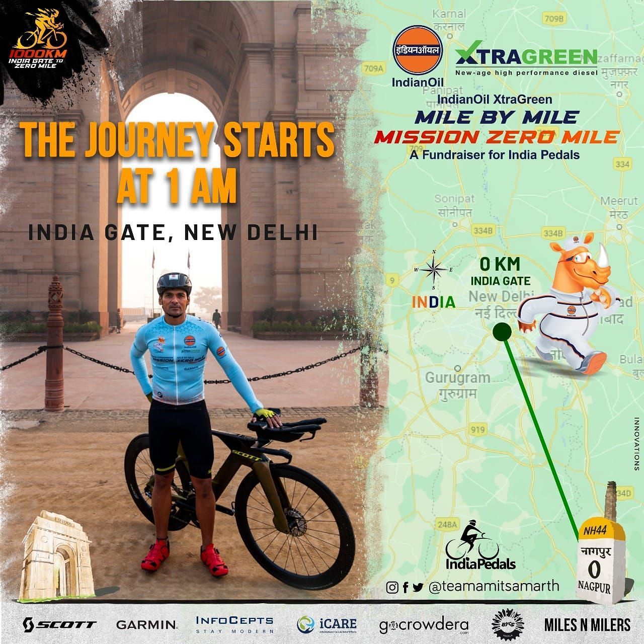 Dr Amit Samarth started his journey at 1 am on Saturday from India Gate, New Delhi and reached Zero Mile, Nagpur on Sunday