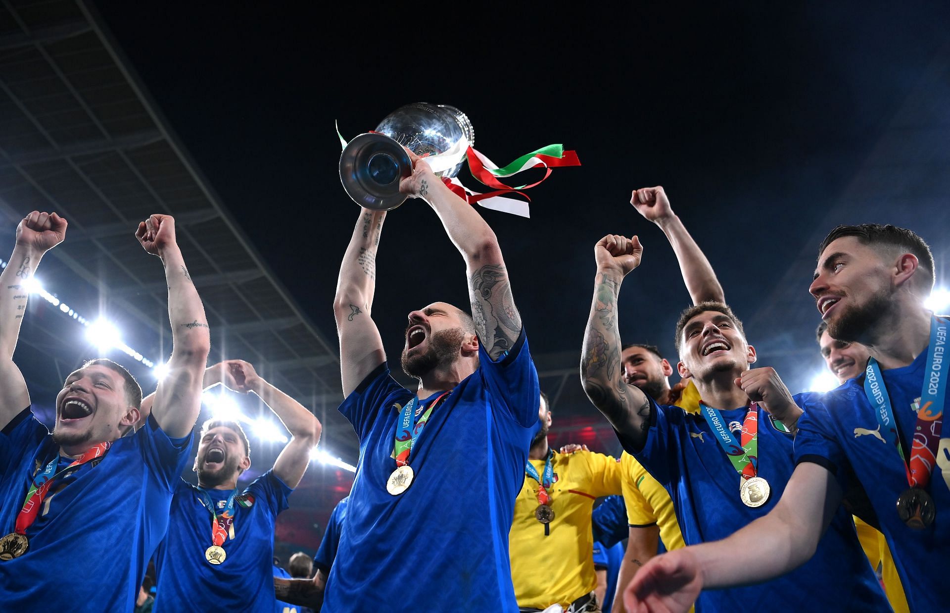 Italy&#039;s Leonardo Bonucci celebrates their Euro 2020 triumph,