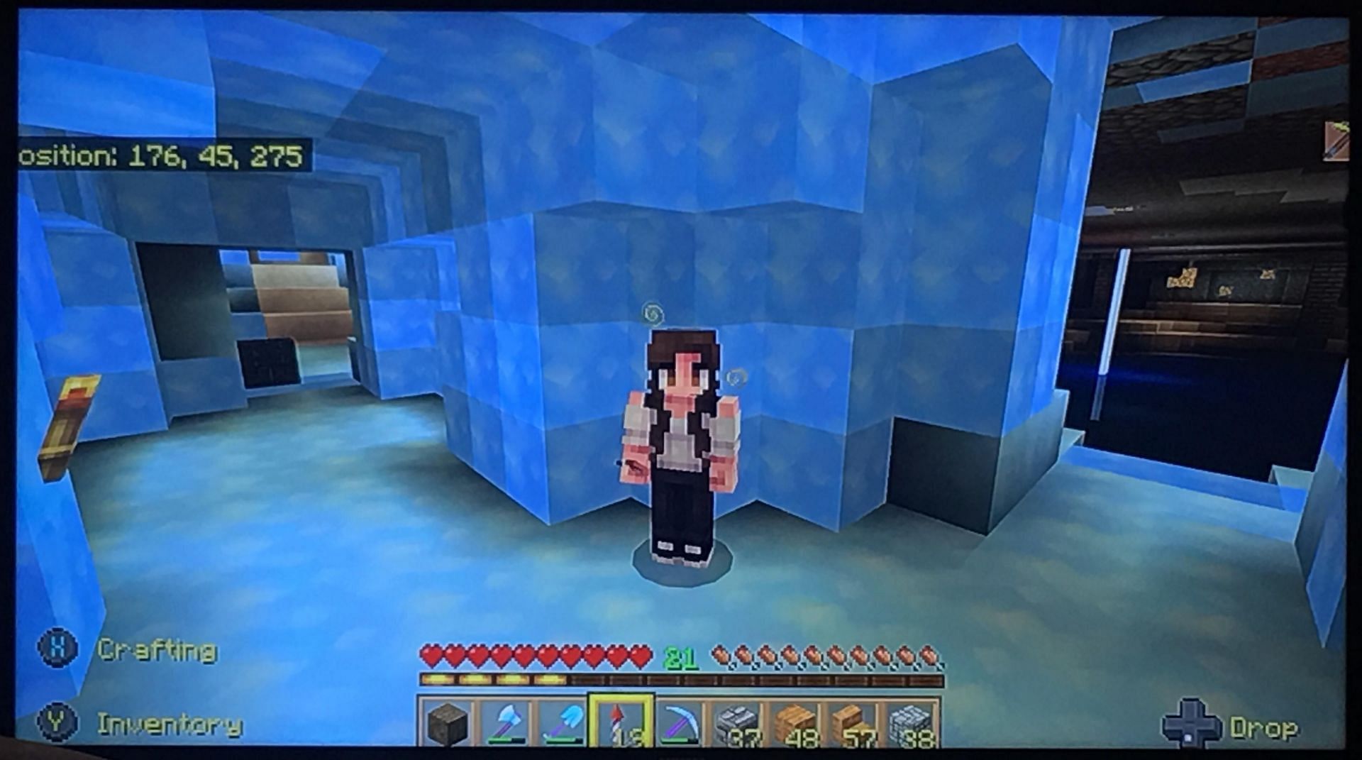 A player&#039;s hand-made ice cavern showcasing forms of packed and blue ice (Image via Mojang)