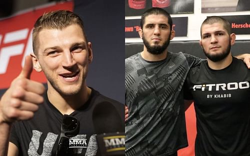 Dan Hooker (left), Islam Makhachev and Khabib Nurmagomedov (right) [Image courtesy: @yoshimmaniac and @khabib_nurmagomedov]