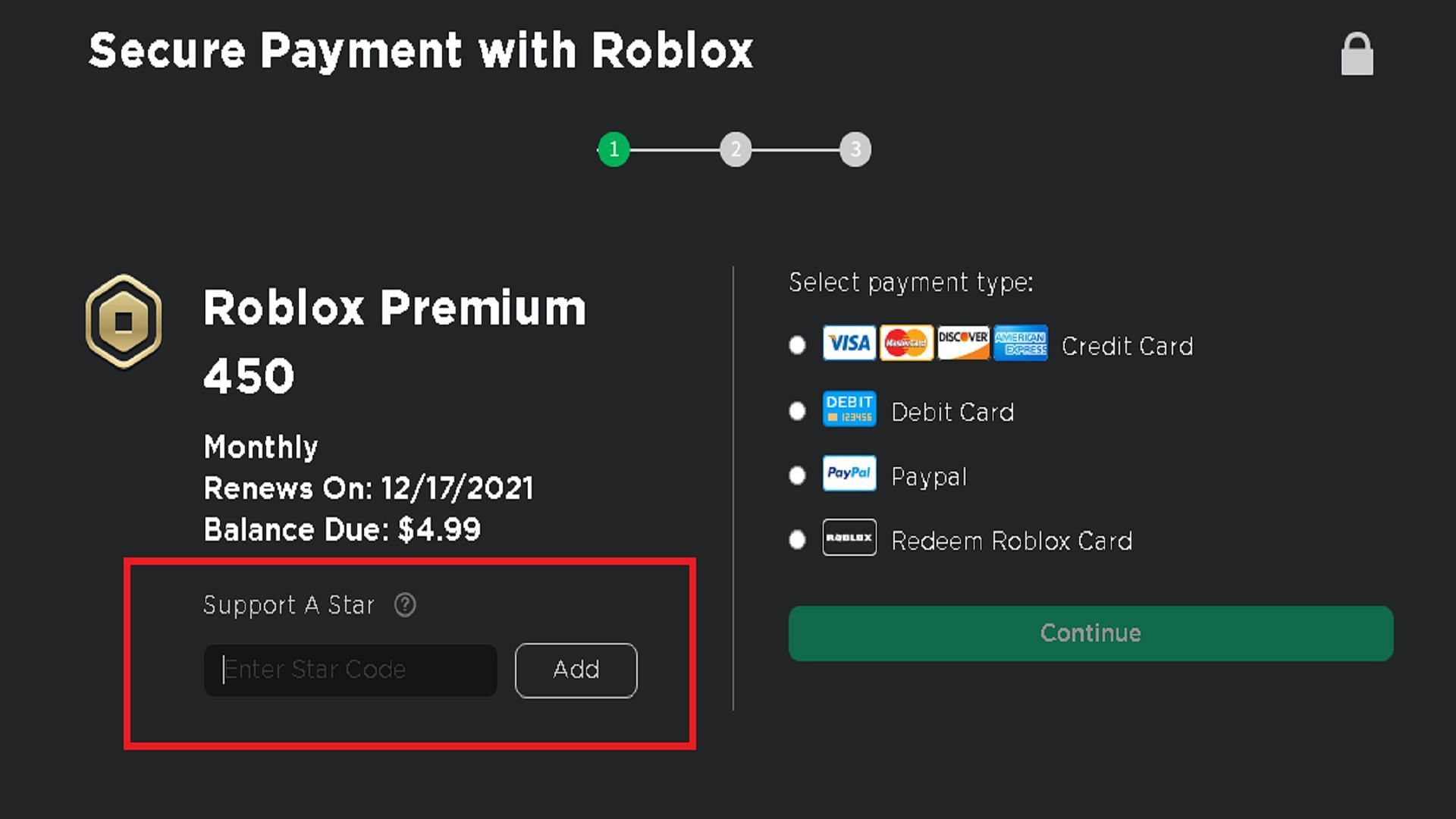 Use a Star code before purchasing Robux (Image via Roblox)