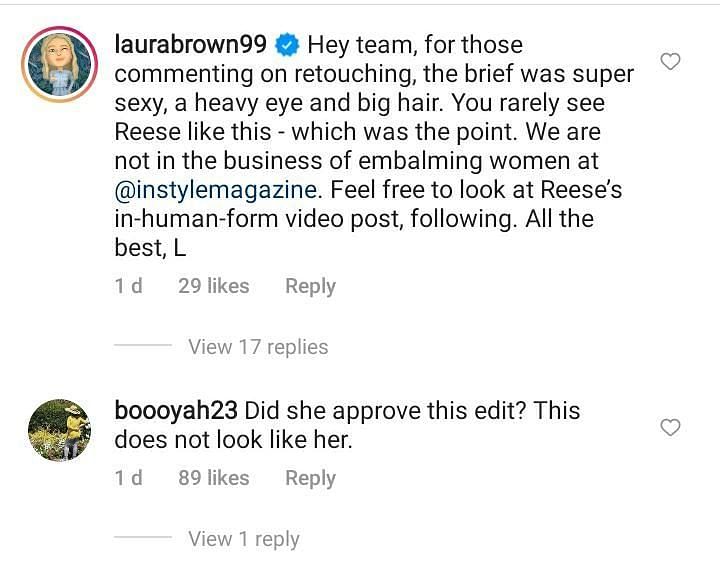 Laura Brown comments on defending Reese Witherspoon&#039;s retouch (Screenshot via Instagram)