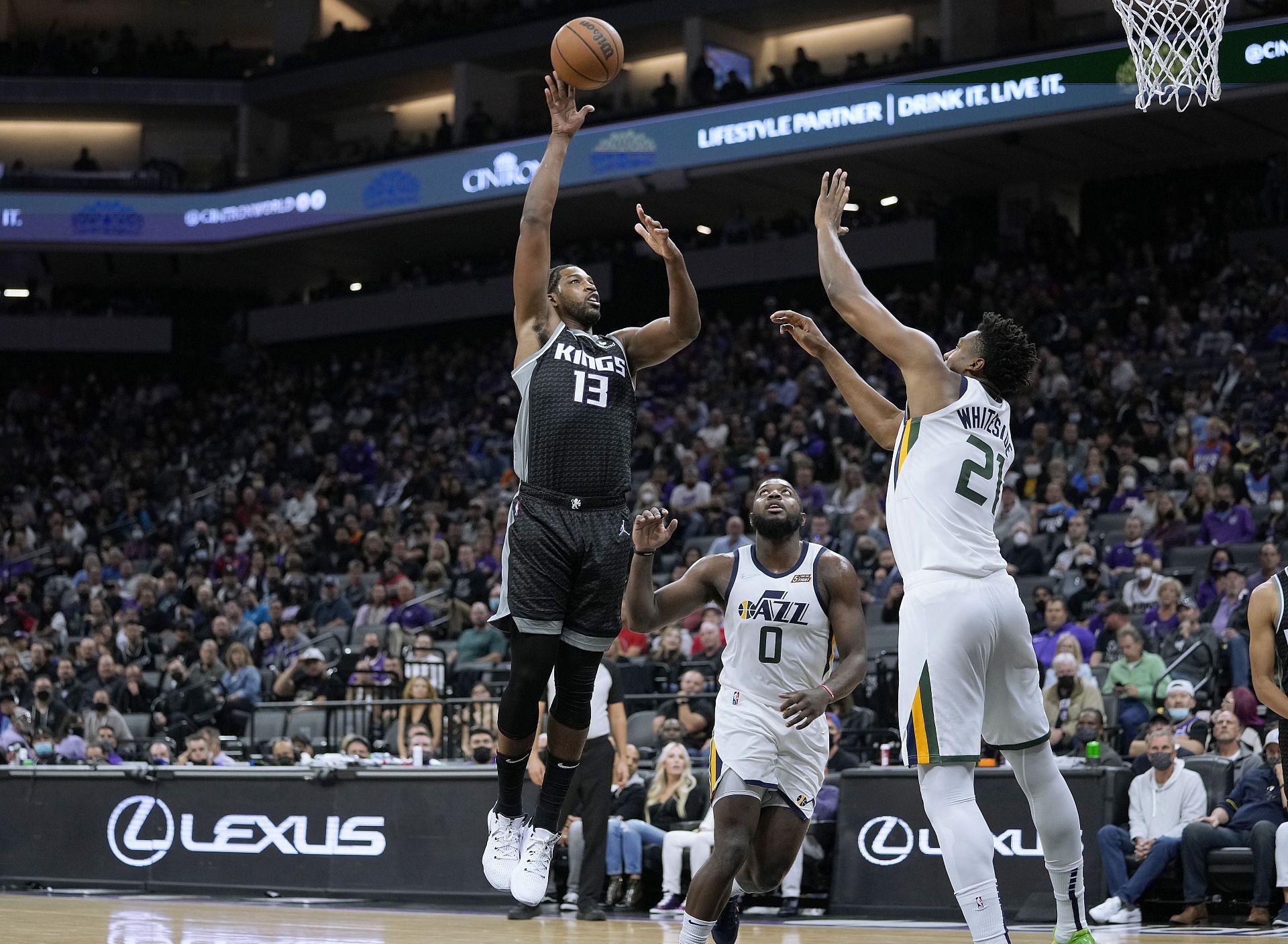 Tristan Thompson (#13) tries to dunk the ball in a game between the Utah Jazz and the Sacramento Kings.