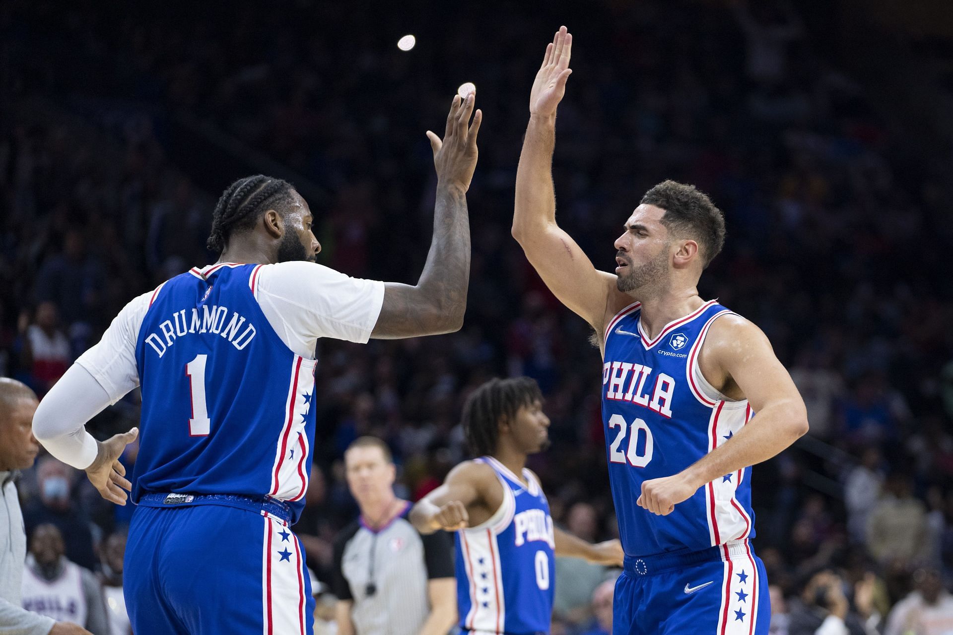 Philadelphia 76ers role players Andre Drummond #1 (left), Tyrese Maxey #0 (middle) and Georges Niang #20 (right)