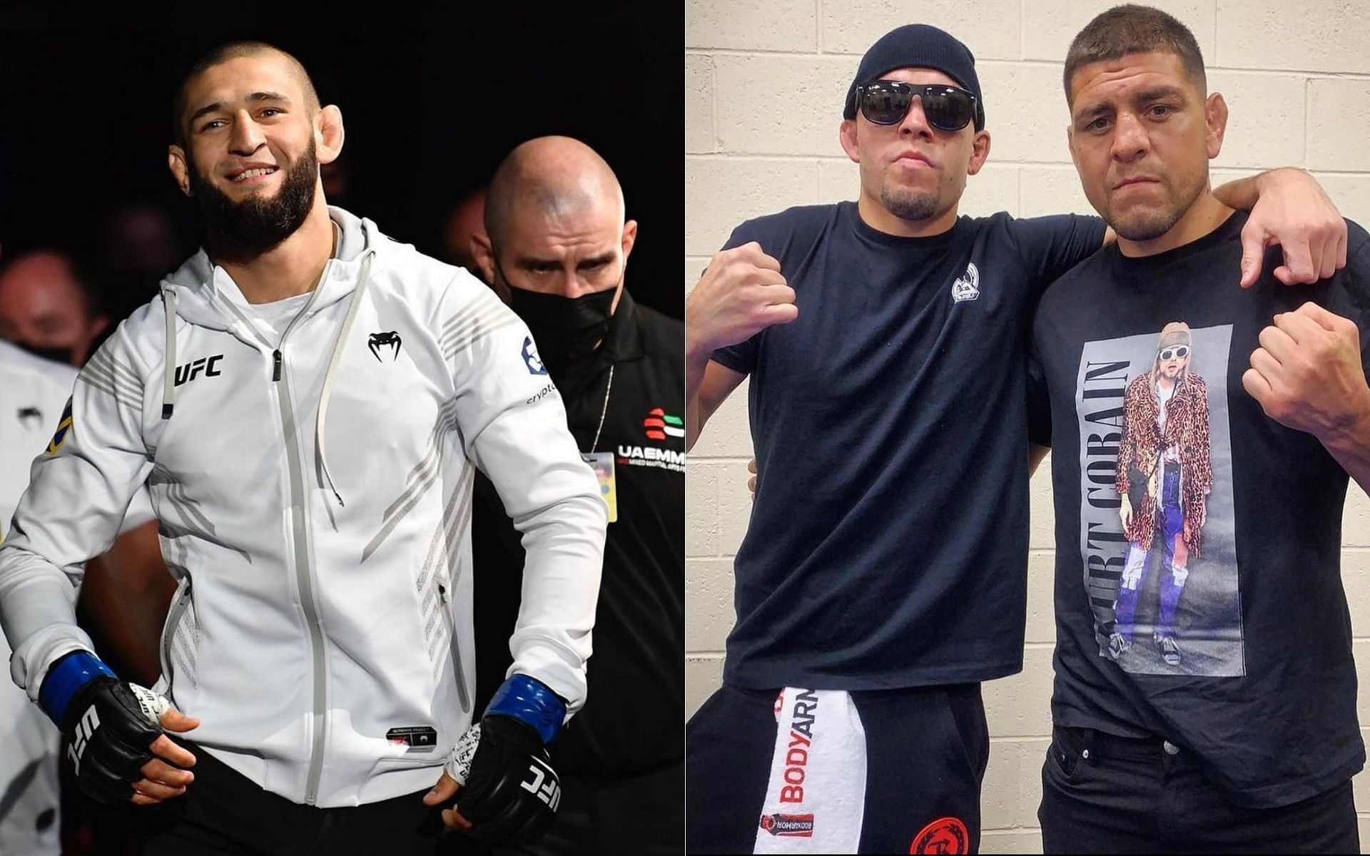 Khamzat Chimaev (left), Nate Diaz (middle) and Nick Diaz (right)