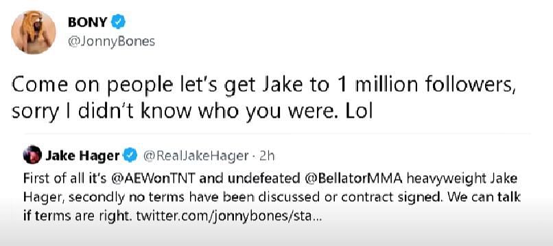 Jon Jones&#039; reply to Hager&#039;s tweet.