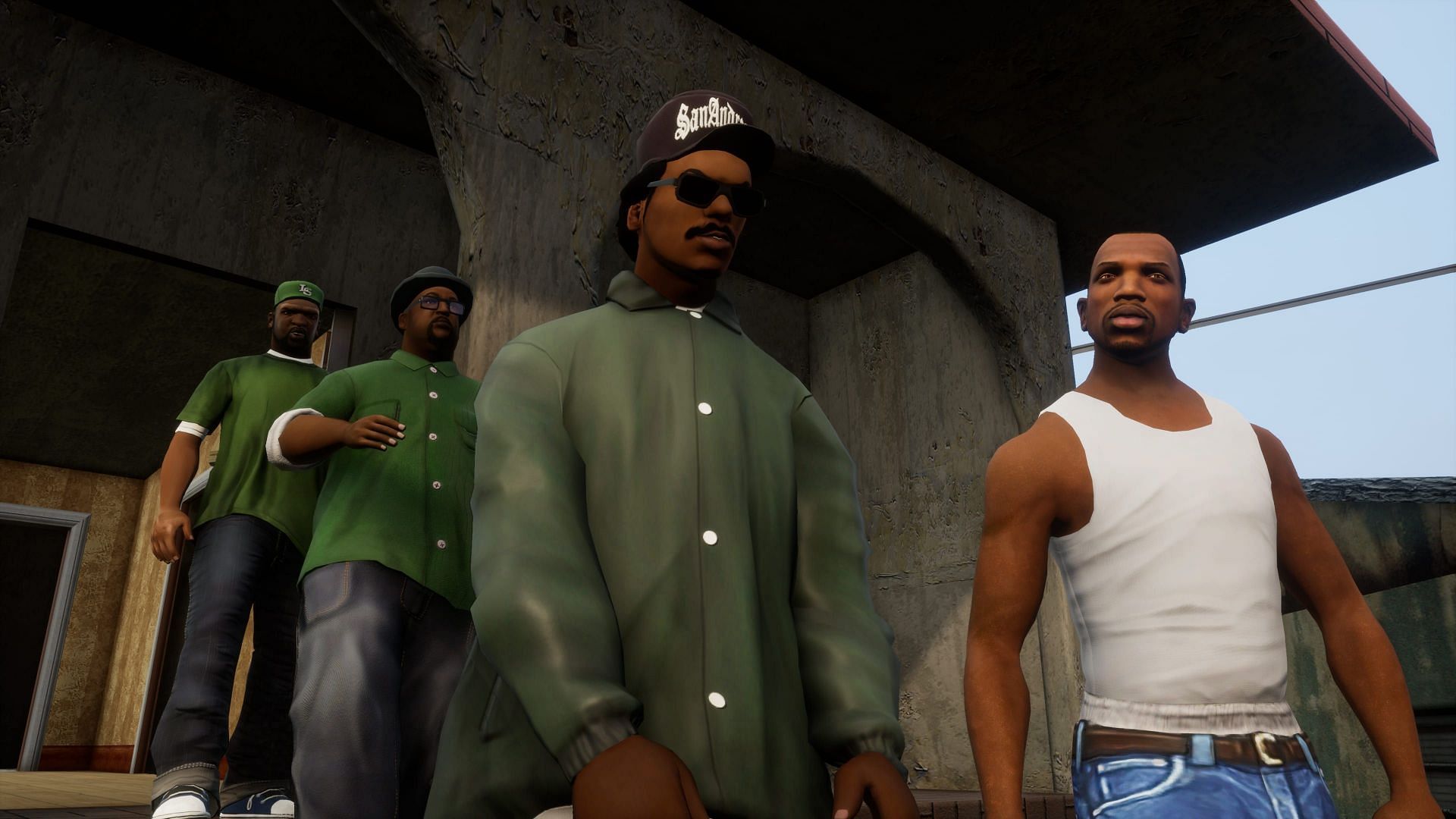 CJ is on the far right in this GTA Trilogy screenshot (Image via Rockstar Games)