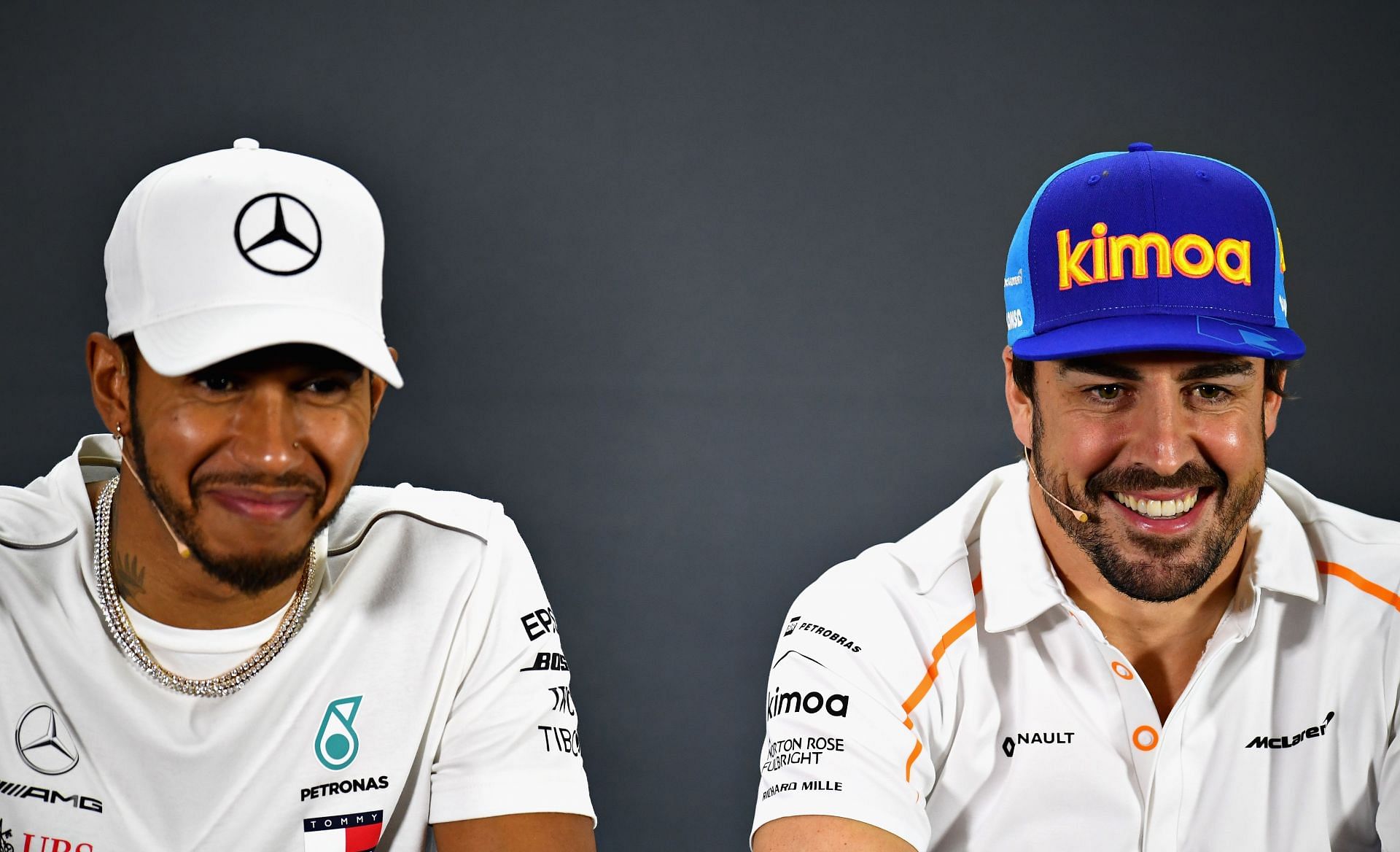 Lewis Hamilton and Fernando Alonso in the Drivers Press Conference ahead of the F1 2021 Brazil Grand Prix. (Photo by Clive Mason/Getty Images)