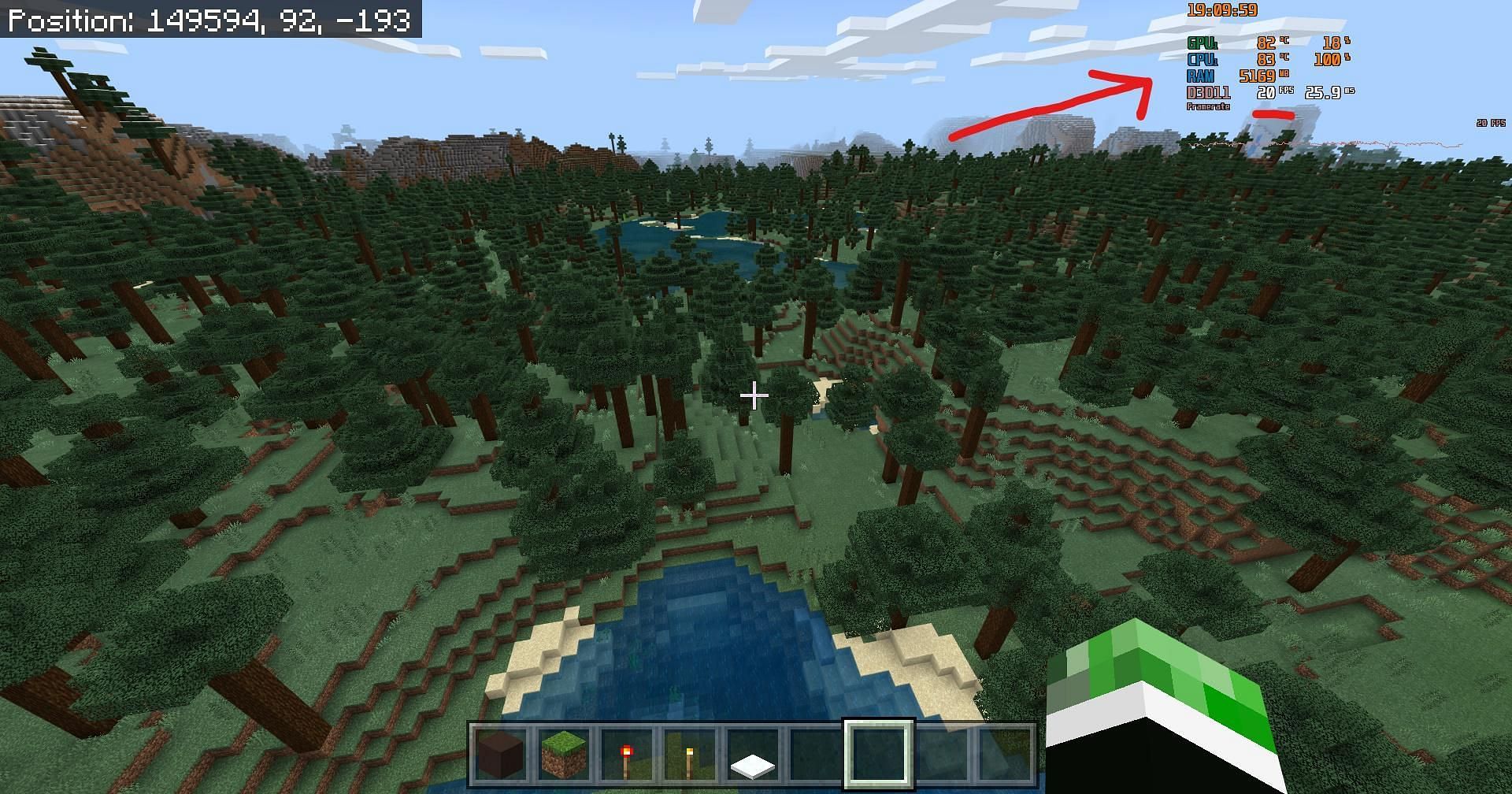 A player experiences FPS drop when rendering a biome from the top-down (Image via Mojang/Reddit user XBGamerX).