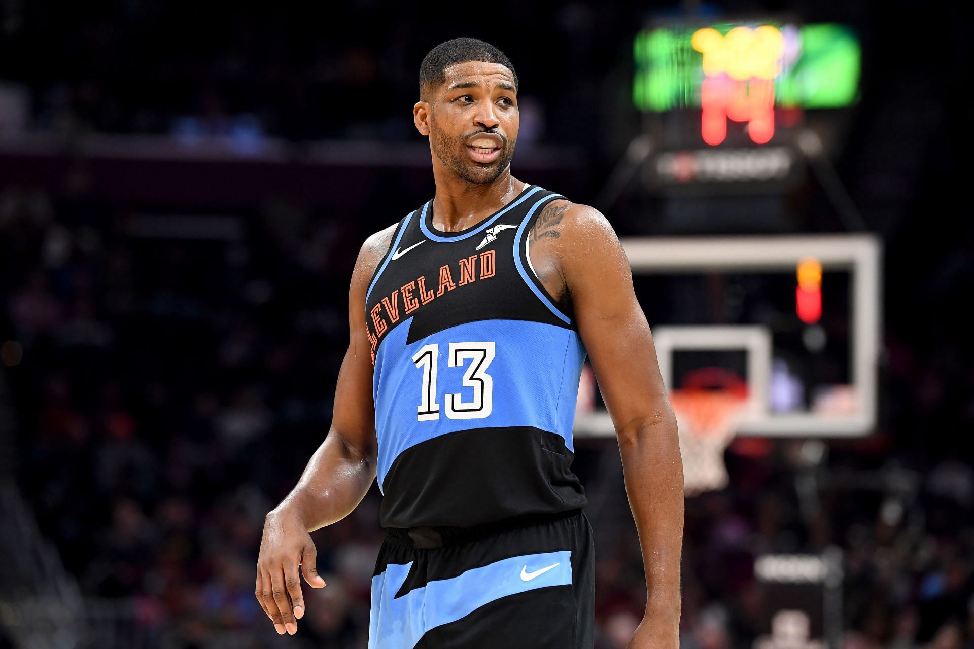 Tristan Thompson of the Cleveland Cavaliers talks to a teammate during the second half against the Indiana Pacers at Rocket Mortgage Fieldhouse on Oct. 26, 2019 in Cleveland, Ohio. The Cavs won 110-99.