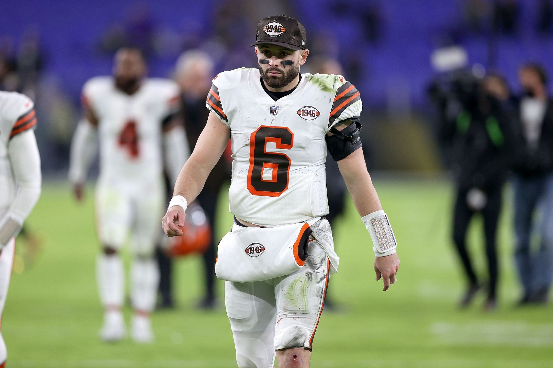 A dejected Baker Mayfield leaves the field after Cleveland's 13-10 loss to the Ravens on Sunday night (Photo: Getty)