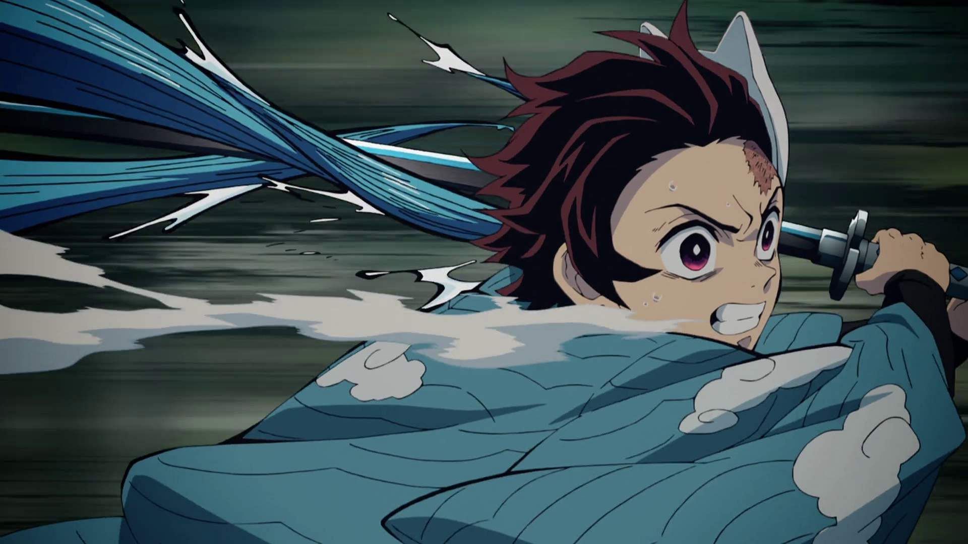 Tanjiro uses his Water Breathing style. (Image via Ufotable)