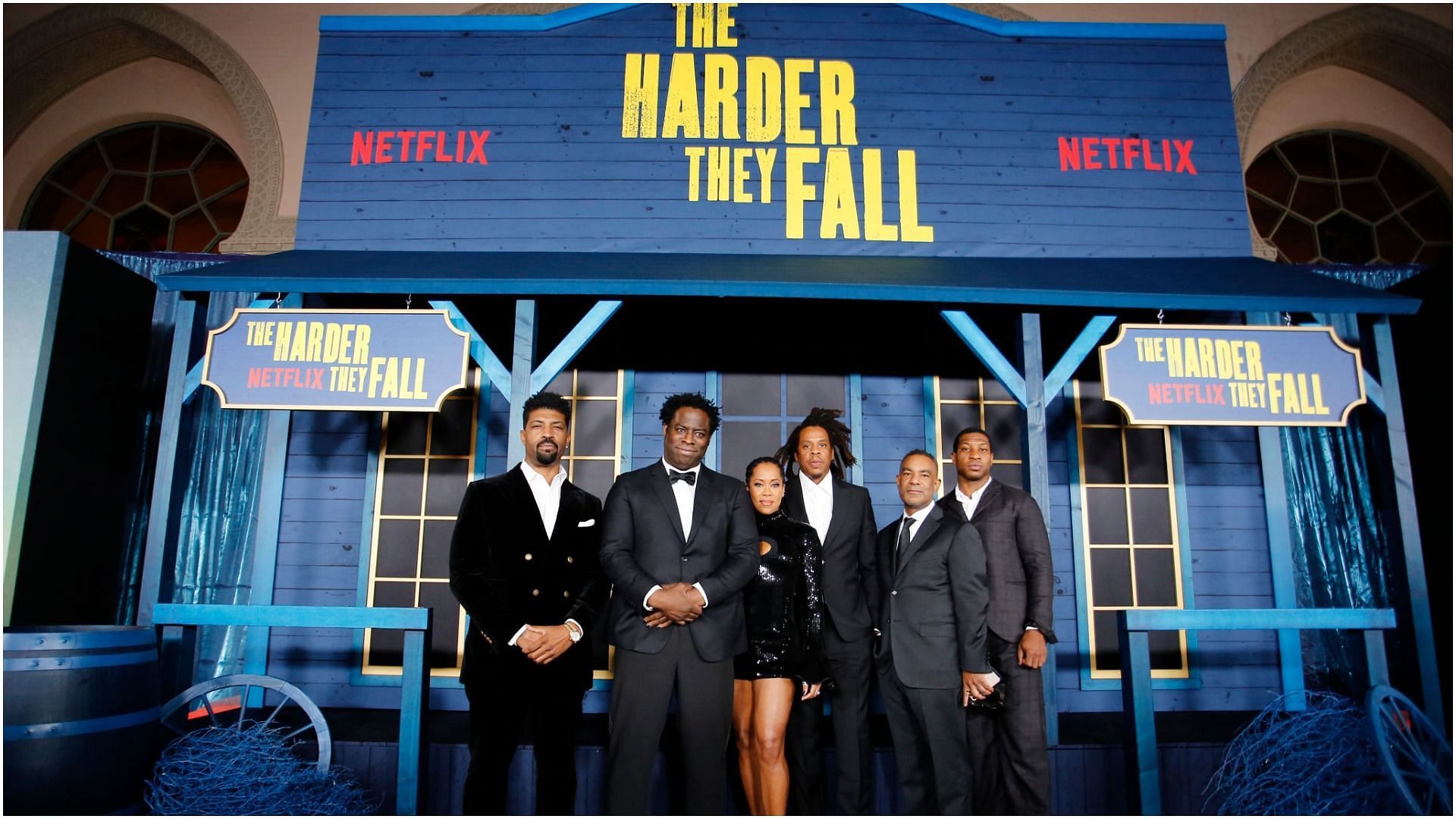 Deon Cole, Jeymes Samuel, Regina King Jay-Z, James Lassiter and Jonathan Majors attend a special screening of &ldquo;The Harder They Fall&rdquo; at the Shrine Auditorium and Expo Hall on October 13, 2021 in Los Angeles, California (Image via Getty Images)