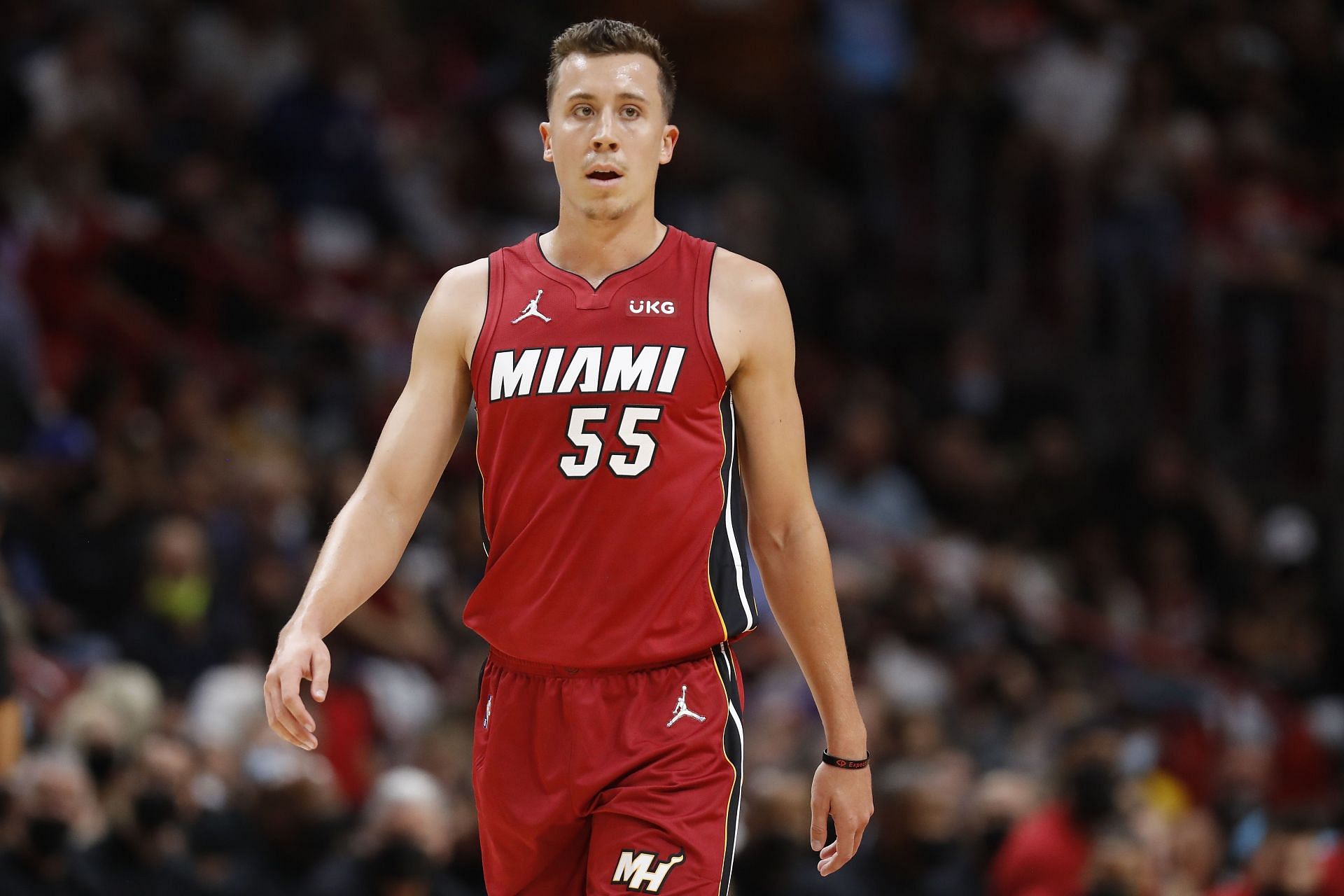 Duncan Robinson #55 of the Miami Heat looks on against the Milwaukee Bucks at FTX Arena on October 21, 2021 in Miami, Florida.