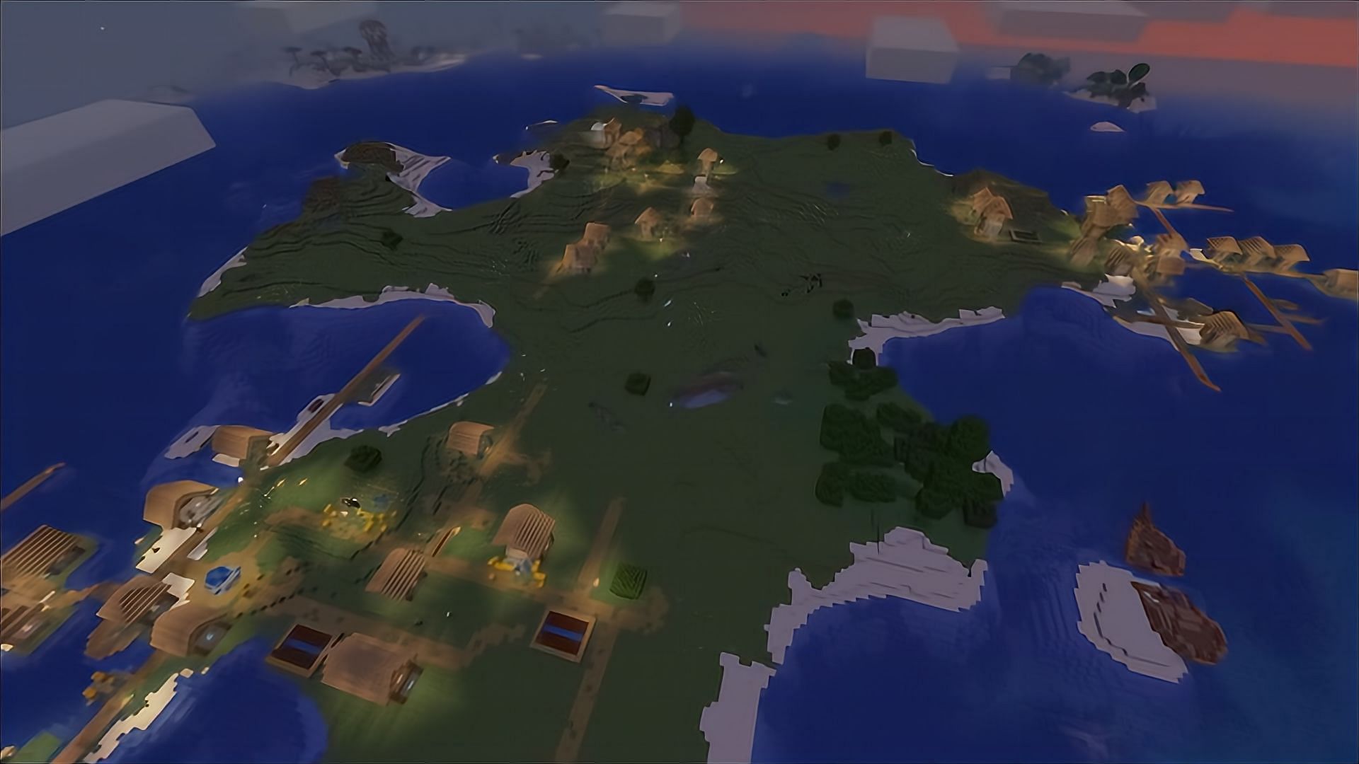An island with three villages (Image via Minecraft)