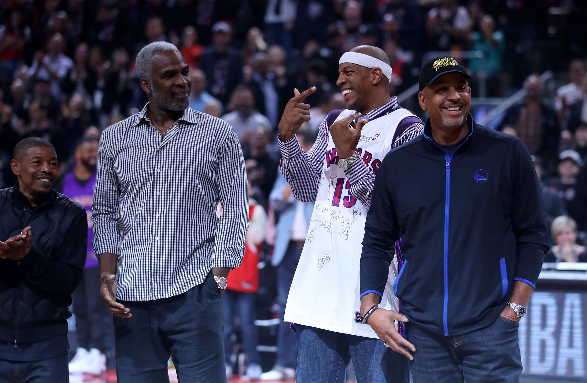 Former Toronto Raptors Mugsy Bogues, Charles Oakley, Jerome Williams and Dell Curry are honored during Game One of the 2019 NBA Finals