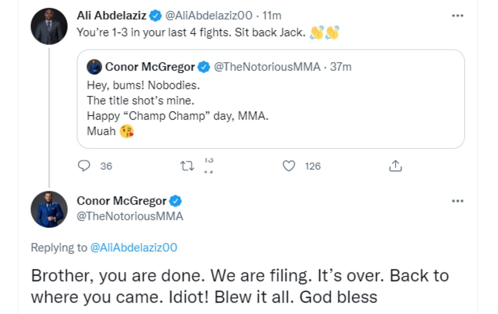 Screenshot of Conor McGregor&#039;s response to Ali Abdelaziz.