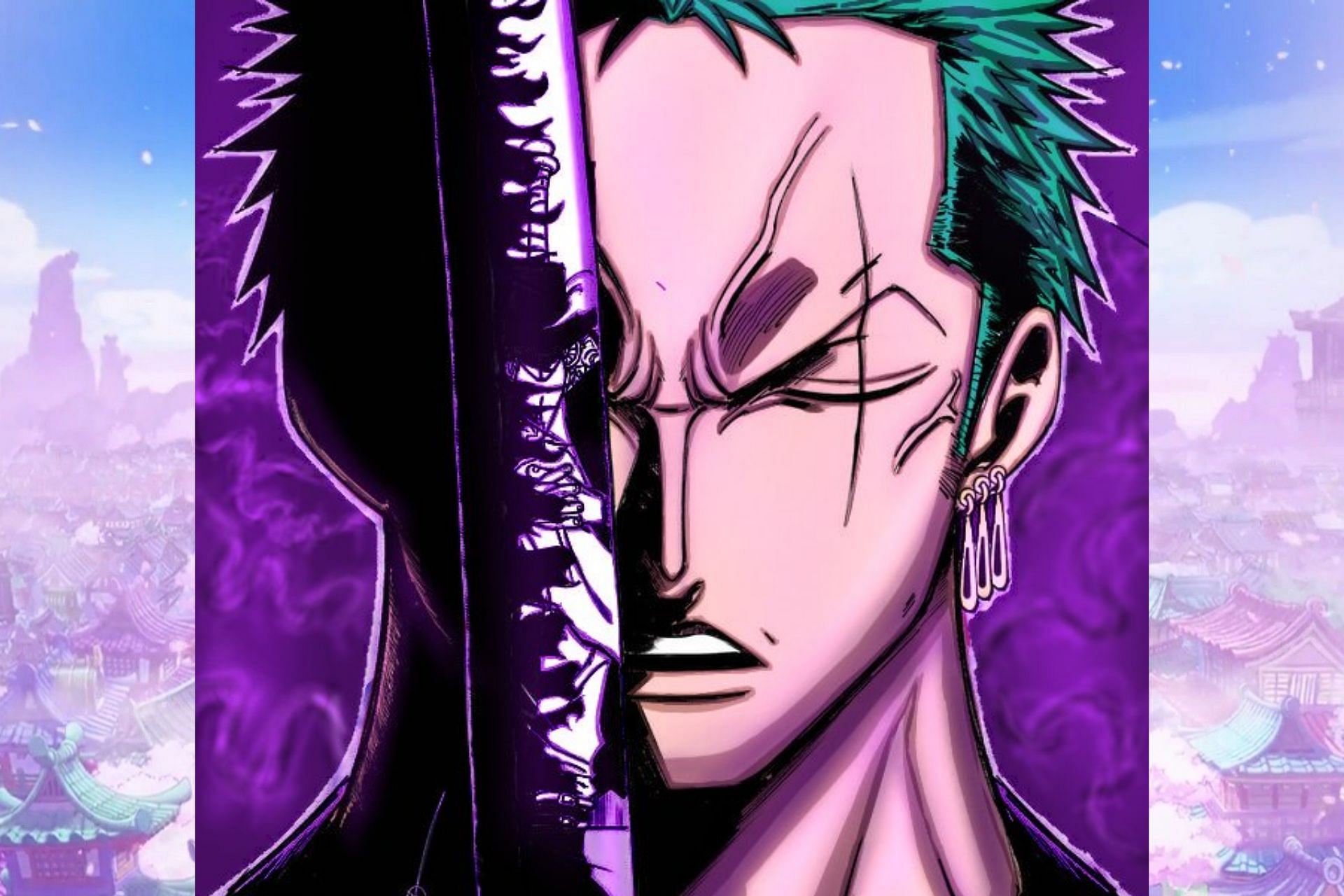 Fanart of Zoro, with his purple Armament Haki aura surrounding him (Image via Sportskeeda)