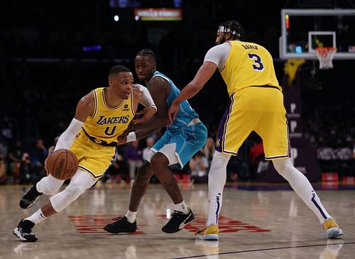 Anthony Davis sets a screen for Russell Westbrook - Charlotte Hornets v Los Angeles Lakers