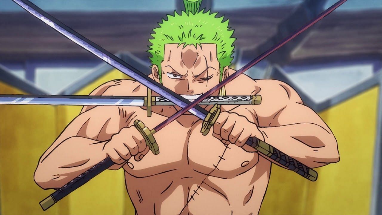 Zoro readying his swords for battle, as seen during the One Piece anime&#039;s Wano arc (Image via Toei Animation)