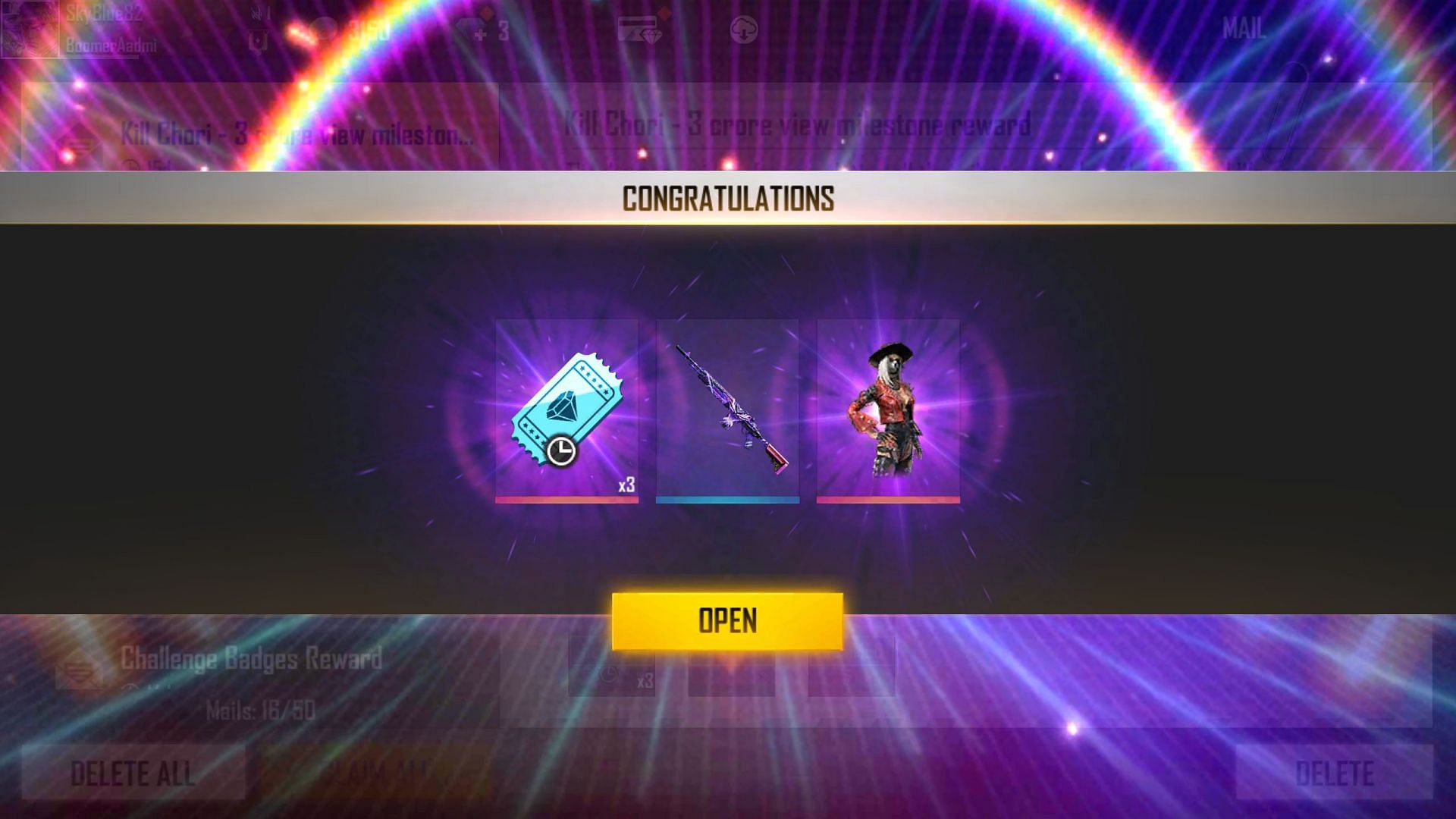 All three rewards of the new Free Fire Indian server code (Image via Free Fire)